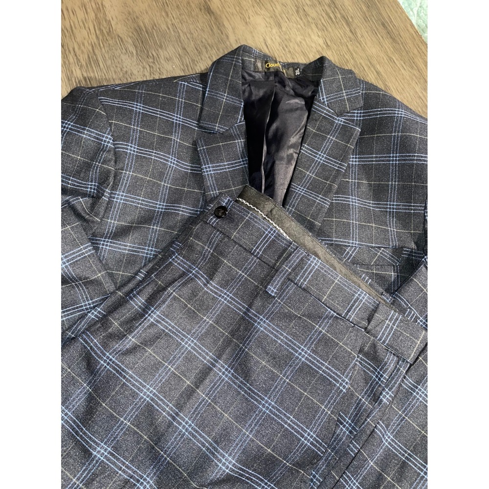 CloudStyle Mens Size 2XL Navy Blue Plaid 2-Piece Suit Blazer Trousers Set
